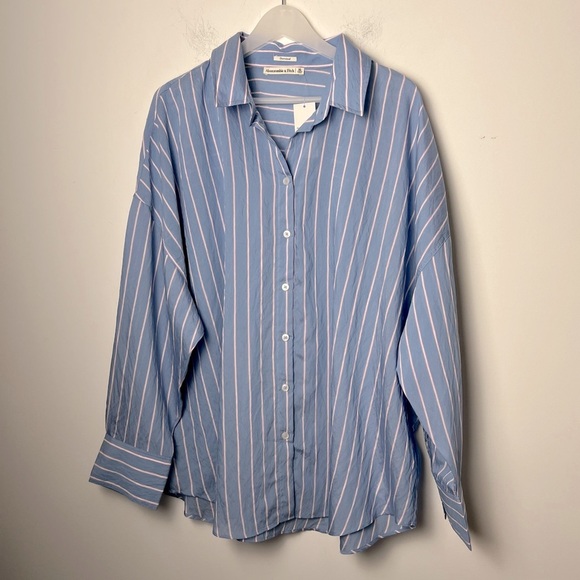 Abercrombie & Fitch Oversized Silky Blue White Red Striped Button Down Shirt NEW - Picture 1 of 10